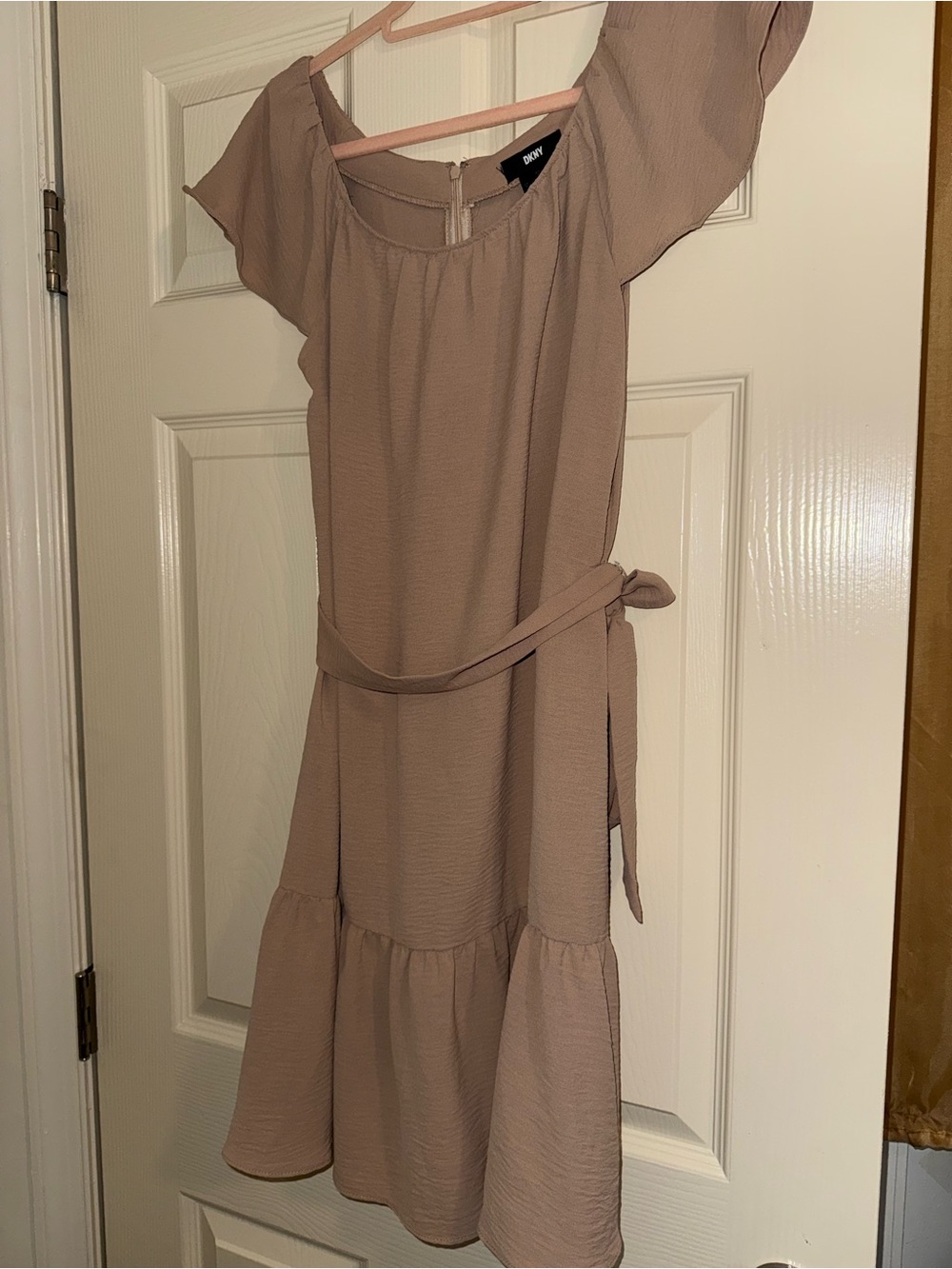 DKNY Taupe Off-Shoulder Midi Dress with Self Tie - Picture 2 of 6